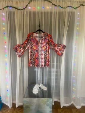 Boho Floral Stripe Bell-Sleeve Tunic - Red Multi